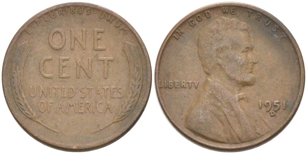 США 1 ЦЕНТ 1951 D, ЛИНКОЛЬН KM А132 медь цинк 218-239