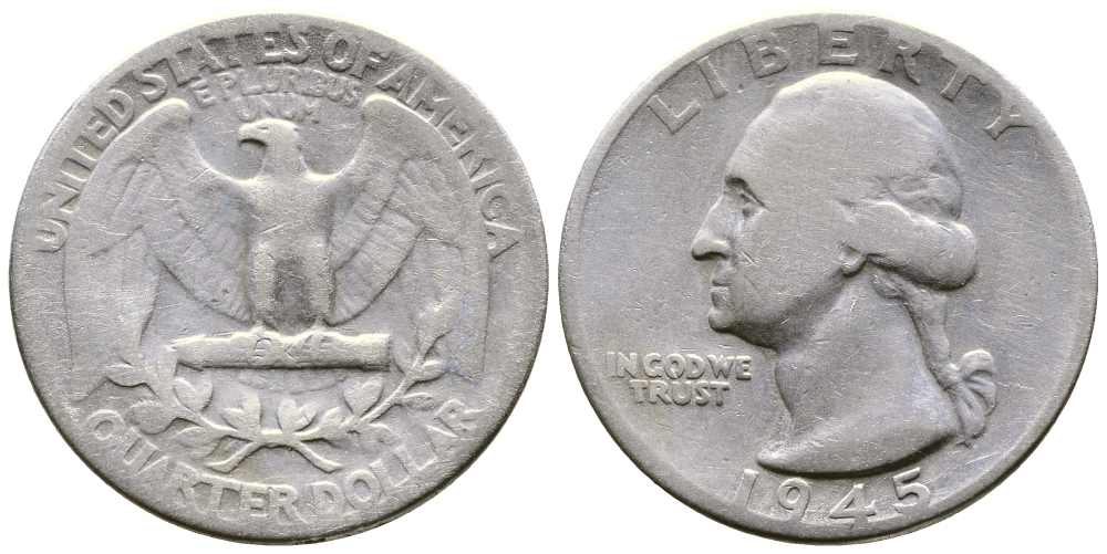 США 25 центов = квотер 1945 Вашингтон KM 164 серебро 4385-455