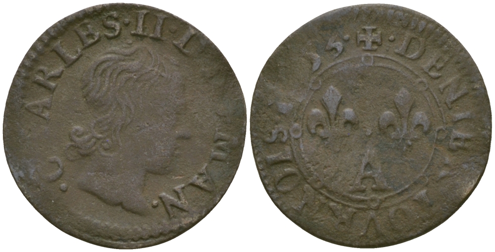 ФРАНЦИЯ, НЕВЕЛЬ И РЕТЕЛЬ ДЕНЬЕ ТУРНУА 1553 ШАРЛЬ II ДЕНЕВЕР (1609-1631) KM 47 медь 99-967