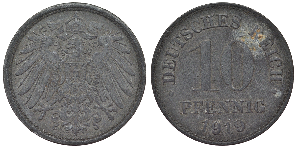 Германия 10 пфеннигов 1919 KM 26, J. 299, Weege 8 цинк 4119-412