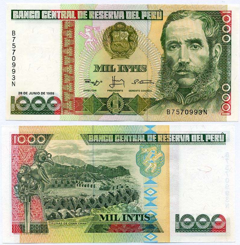 Перу 1000 инти 1988 Андрес Авелино Касерес, руины Чан-Чан Pick 136 b бумага UNC (пресс) 6262-8-1-2