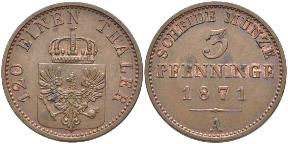 ПРУССИЯ 3 ПФЕННИГА 1871 А, ВИЛЬГЕЛЬМ I (1861-1888) KM 482 медь 117-1125