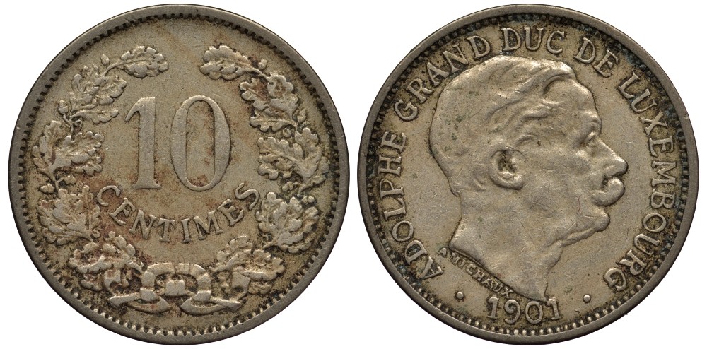 ЛЮКСЕМБУРГ 10 САНТИМОВ 1901 ВЕЛИКИЙ ГЕРЦОГ АДОЛЬФ (1890-1905) КМ 25 медно-никель 4538-715
