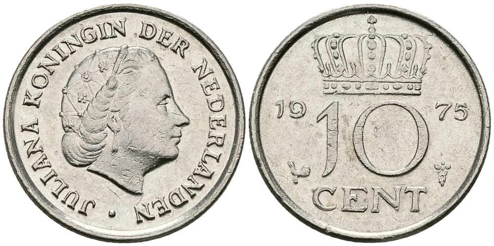 НИДЕРЛАНДЫ 10 ЦЕНТОВ 1975 ЮЛИАНА KM 182 никель 96-512