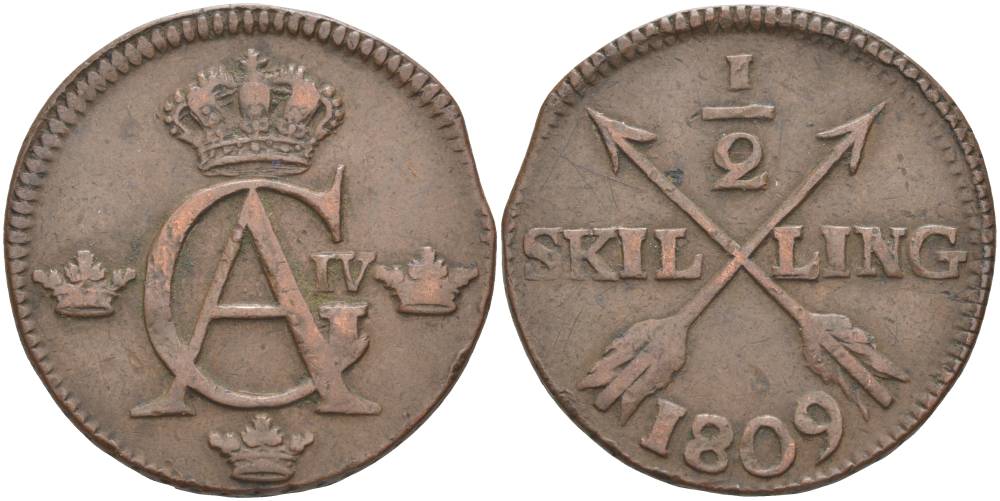 Швеция 1/2 скиллинга 1809 Густав VI (1792-1809) KM 565 (390) медь VF-XF 4545-1241