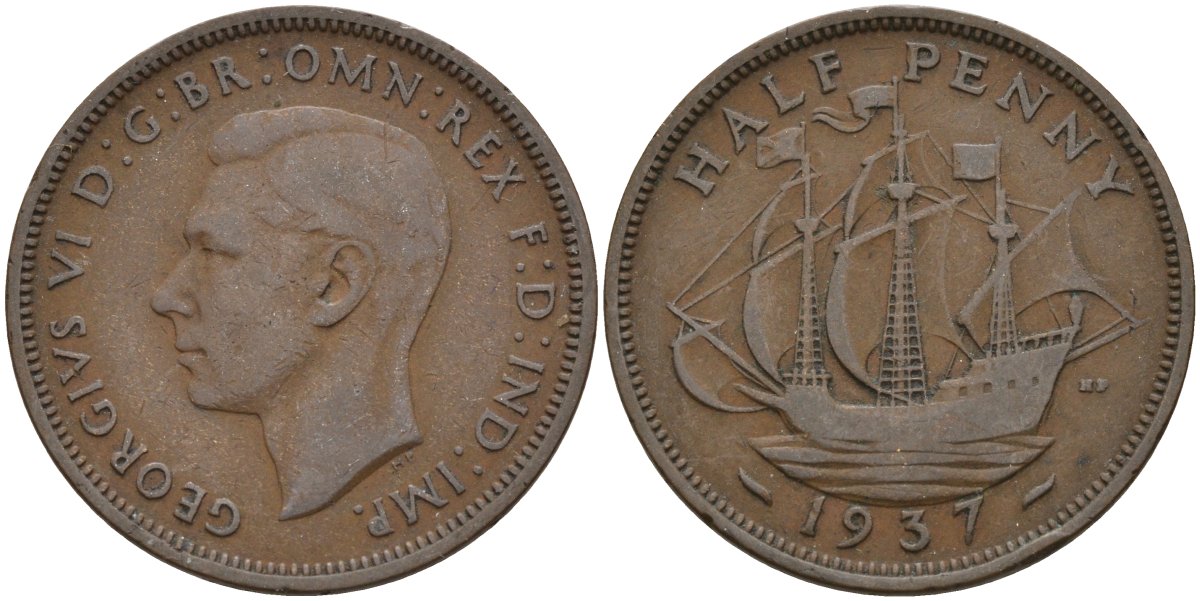 Великобритания 1/2 пенни 1937 Георг VI (1936-1952) KM 844, Spink 4115 бронза 4146-214