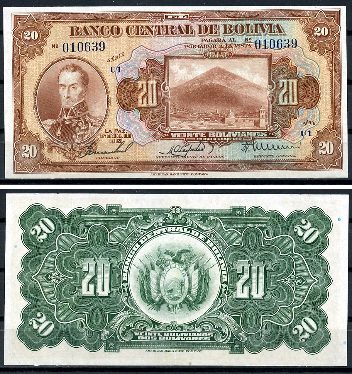 Боливия 20 боливиано 1928 Симон Боливар, Потоси, серия U1 Pick 122 a (8)  бумага  aUNC 444-16-2-1