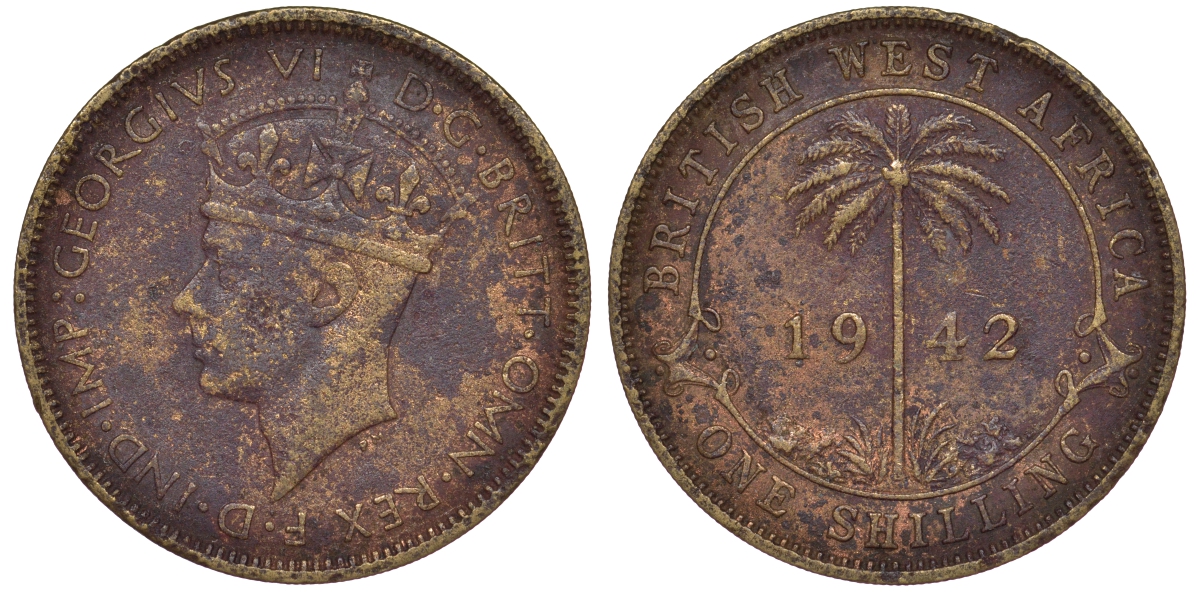 Британская Западная Африка 1 шиллинг 1942 Георг VI KM 23 медно-никель 25-2321