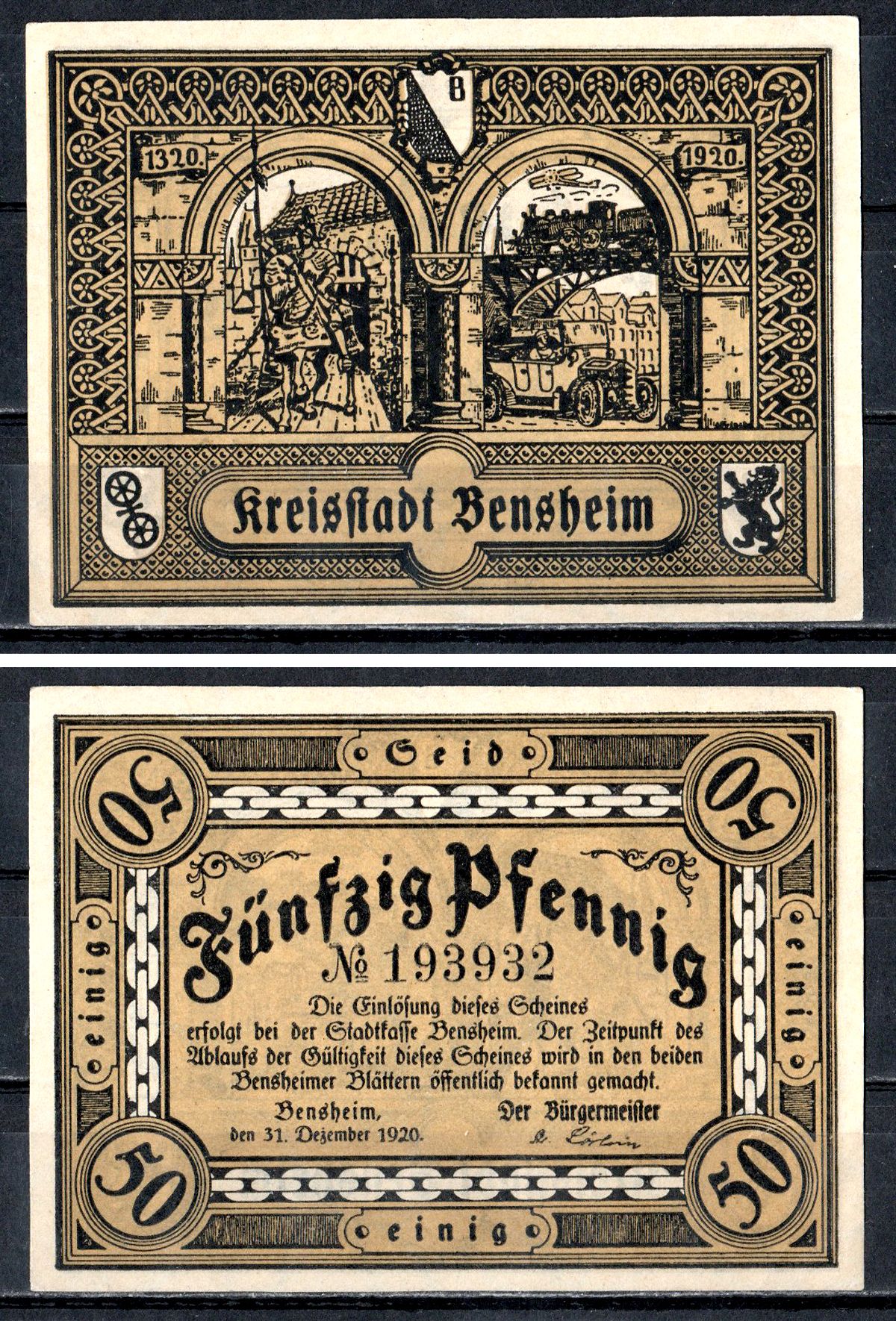 Бенсхайм (Гессен) 50 пфеннигов 1920 Mehl Grabowski B20.3 бумага UNC (пресс) 7556-48-4-2