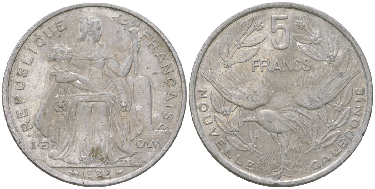 Французская Новая Каледония 5 франков 1992 птица кагу, (IEOM) KM 16, Schoen 12, Lec 80 алюминий 180-1235