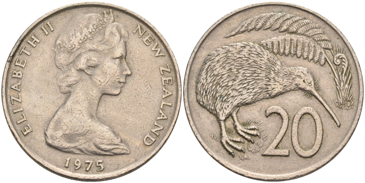 Новая Зеландия 20 центов 1975 Елизавета II (1952-2022), птичка киви KM 36.1 медно-никель 4131-1131