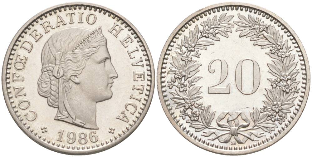 ШВЕЙЦАРИЯ 20 РАППЕНОВ 1986 В KM 29a медно-никель 55-1025
