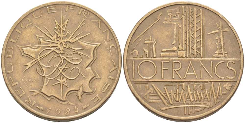 Франция 10 франков 1984 тип Матье KM 940, Le Franc 365.23-24 никель латунь 111-1022