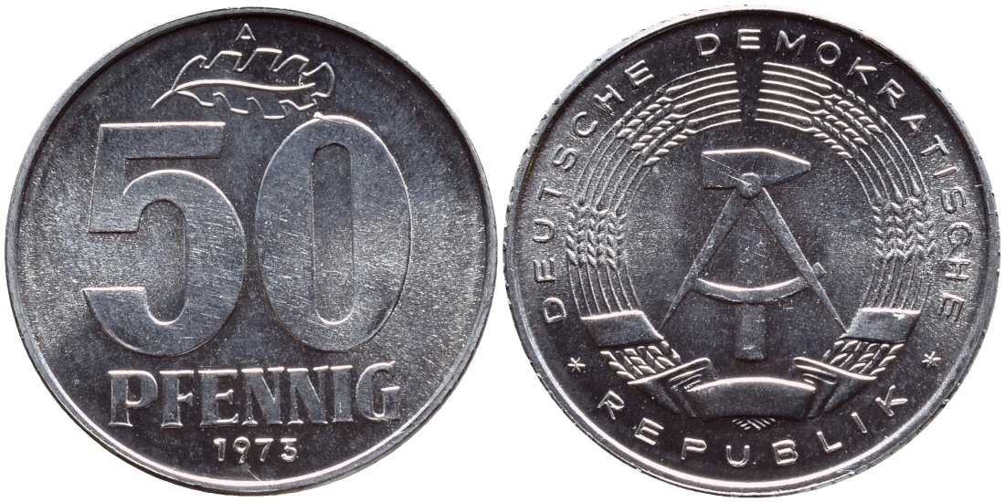 ГДР 50 ПФЕННИГОВ 1973 А KM 12.2 алюминий UNC 177-1052