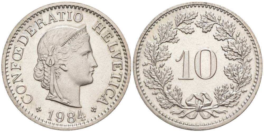 ШВЕЙЦАРИЯ 10 РАППЕНОВ 1984 KM 27 медно-никель 55-525