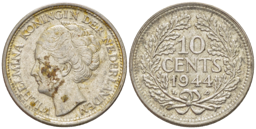 Нидерланды 10 центов 1944 Вильгельмина (1890-1948) KM 163 серебро aUNC 66-1236