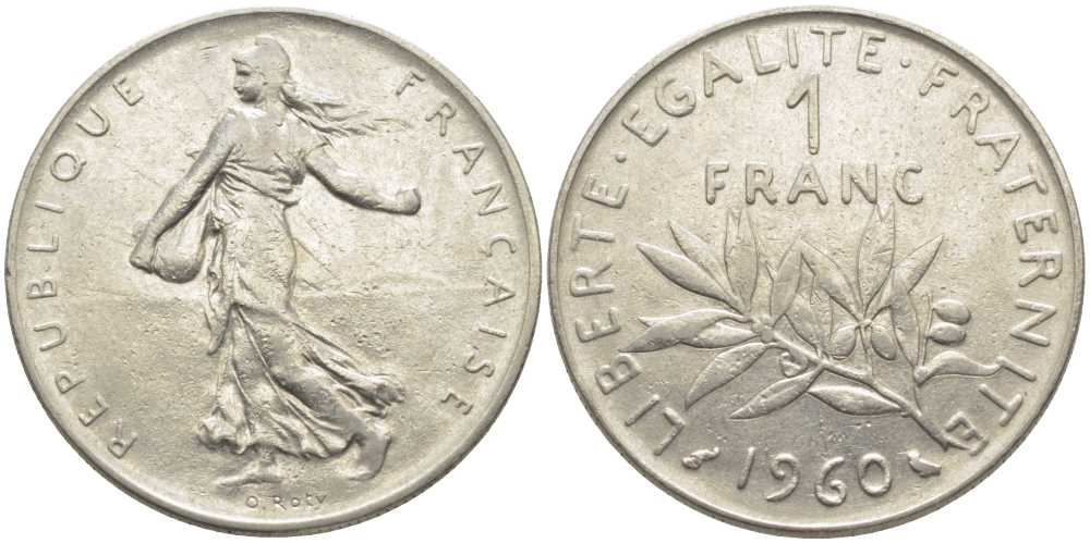 ФРАНЦИЯ 1 ФРАНК 1960 СЕЯТЕЛЬ KM 925.1, LE FRANC 226.4 никель 175-513