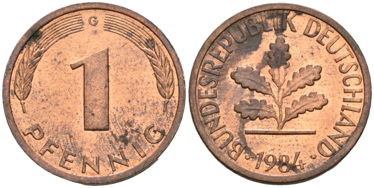 ФРГ 1 пфенниг 1984 G KM 105, J.380 сталь плакированная медью 3309-937