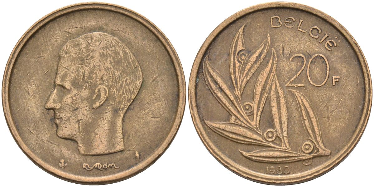 Бельгия 20 франков 1980 Belgie, Бодуэн I (1951-1993) KM 160 никель бронза 4126-226
