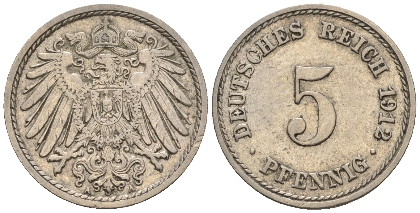 Германия 5 пфеннигов 1912 A, KM 11, J. 12 медно-никель 220-615