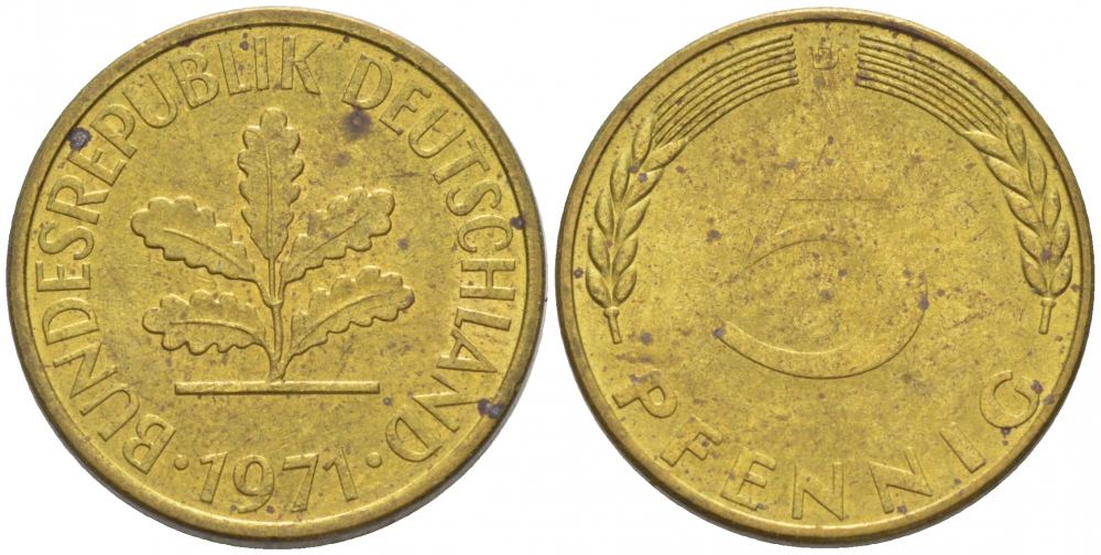 ФРГ 5 ПФЕННИГОВ 1971 D KM 107 J. 382 сталь плакированная латунью 3955-568