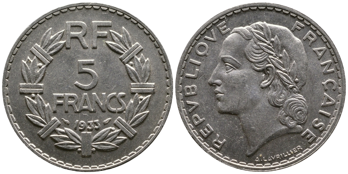 ФРАНЦИЯ 5 ФРАНКОВ 1933 KM 888 никель 57-613