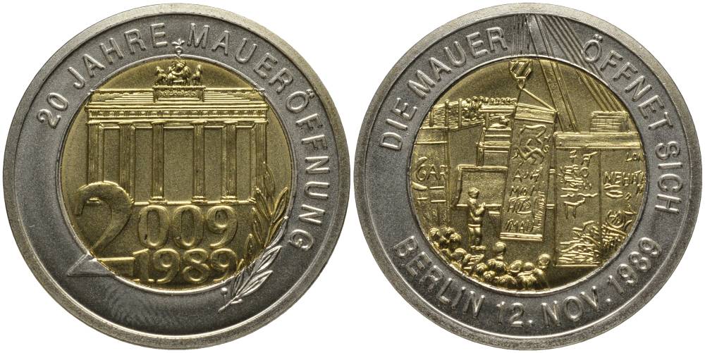 ГЕРМАНИЯ МЕДАЛЬ 2009 СЕРИЯ 20 ЛЕТ ВОССОЕДИНЕНИЯ, БЕРЛИН 12 НОЯБРЯ 1989, СНОС СТЕНЫ, С СЕРТИФИКАТОМ биметалл UNC 02-109-31