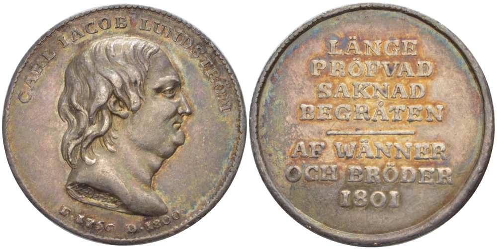 ШВЕЦИЯ МЕДАЛЬ 1801 ПАМЯТИ КАРЛА ЯКОБА ЛУНДСТРЕМА (1756-1800), ДИАМЕТР 34 ММ., ВЕС 14 ГР. серебро UNC 1084-2-63