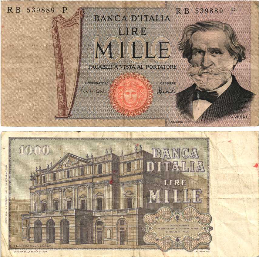 Италия 1000 лир 1973 Джузеппе Верди, Милан Ла Скала Pick 101с бумага 8592-48-3-1