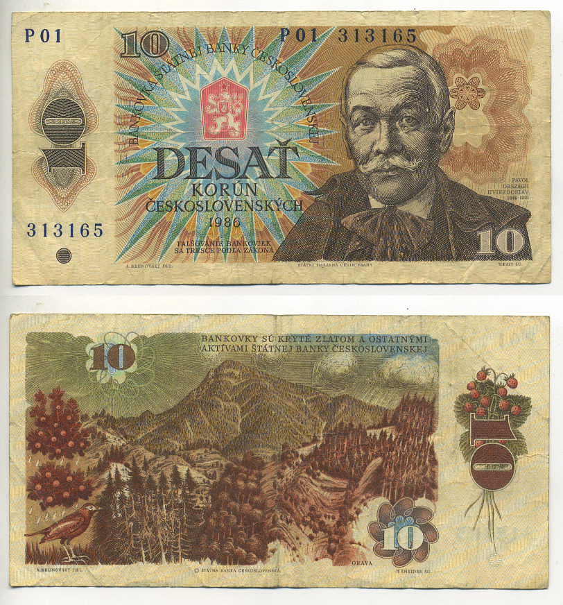ЧЕХОСЛОВАКИЯ 10 КРОН 1986 СЕРИЯ P, ПАВОЛ ОРСАГ ГВЕЗДОСЛАВ, ПТИЧКА И ГОРЫ ОРАВА Pick 94 бумага 7553-20-3