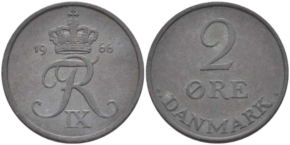 ДАНИЯ 2 ЭРЕ 1966 C; S, ФРЕДЕРИК IX (1947-1972) KM 840.2 цинк 67-413