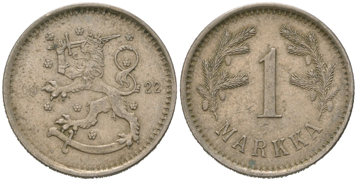 Финляндия 1 марка 1922 сердце KM 27 медно-никель 77-421