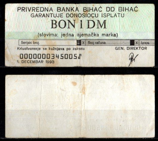 Босния и Герцеговина 5 марок 1993 ваучер используемый в военном округе Бихач. бумага 8601-8-4-3