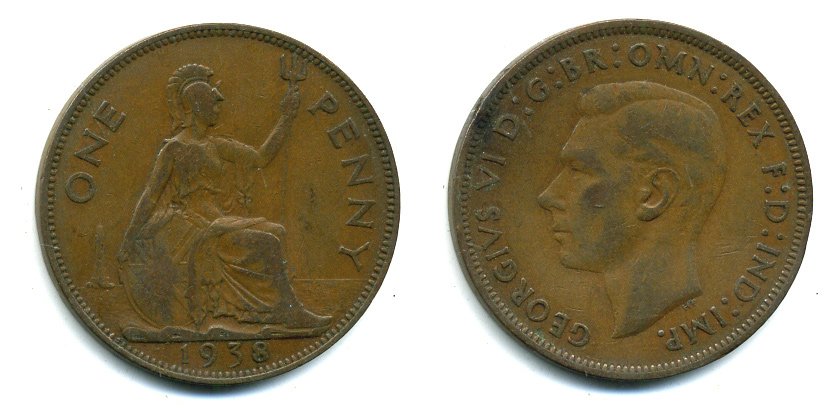 Великобритания 1 пенни 1938 Георг VI (1936-1952) KM 845, Spink 4114 бронза 37-613