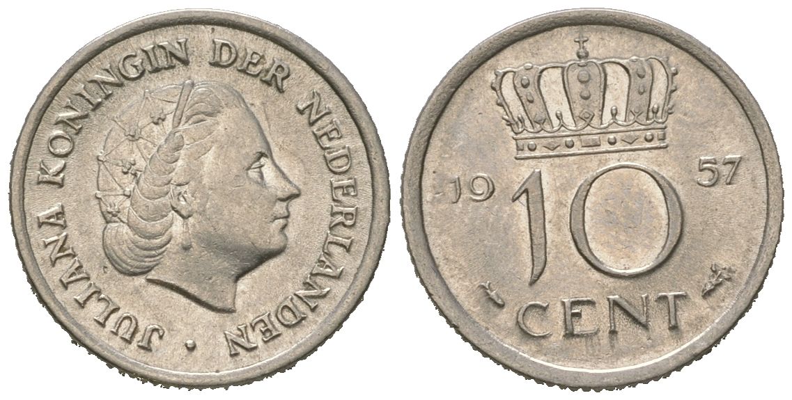Нидерланды 10 центов 1957 Юлиана (1948-1980) KM 182 никель 4621-614