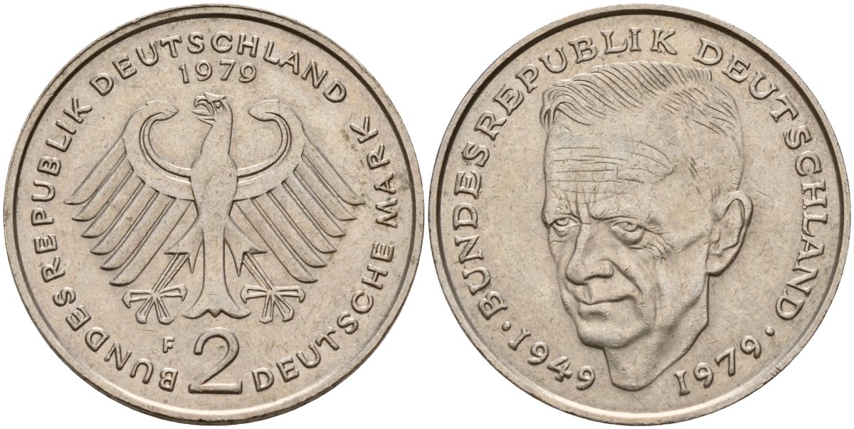ФРГ 2 марки 1979 F, Курт Шумахер, 30 лет Федеративной Республике (1949-1979) KM 149, J. 424 медно-никель 4157-336