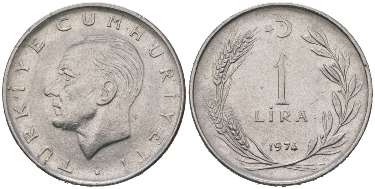 Турция 1 лира 1974 KM 889a.2 нержавеющая сталь aUNC 4620-511