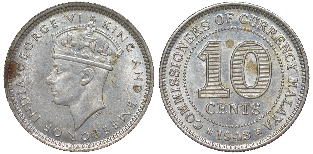Британская Малайя 10 центов 1943 Георг VI (1937-1952) KM 4a серебро 53-228
