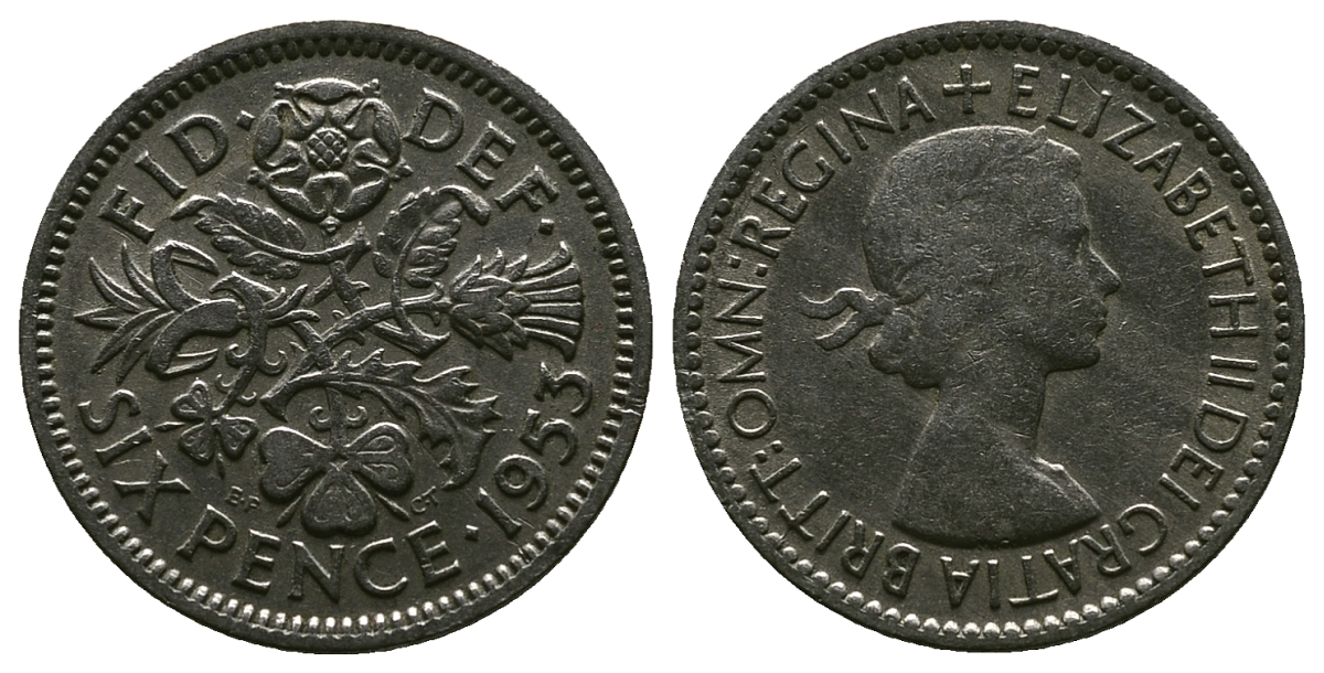 Великобритания 6 пенсов 1953 Елизавета II (1952-2022) KM 889, Spink 4141 медно-никель 4381-636