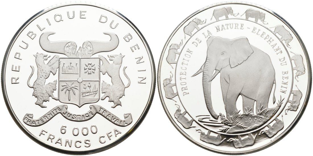 Бенин 6000 франков 1993 серия сохраним наш мир, слоны Бенина KM 11 серебро PROOF 00-00
