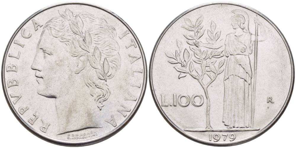 ИТАЛИЯ 100 ЛИР 1979 R, АФИНА У ОЛИВКОВОГО ДЕРЕВА KM 96.1 нержавеющая сталь 4545-716