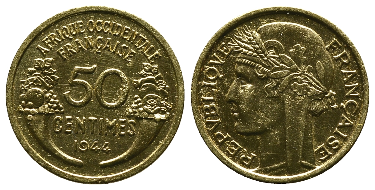 Французская Западная Африка 50 сантимов 1944 редкая KM 1, Lec 1 алюминиевая бронза aUNC 4381-932