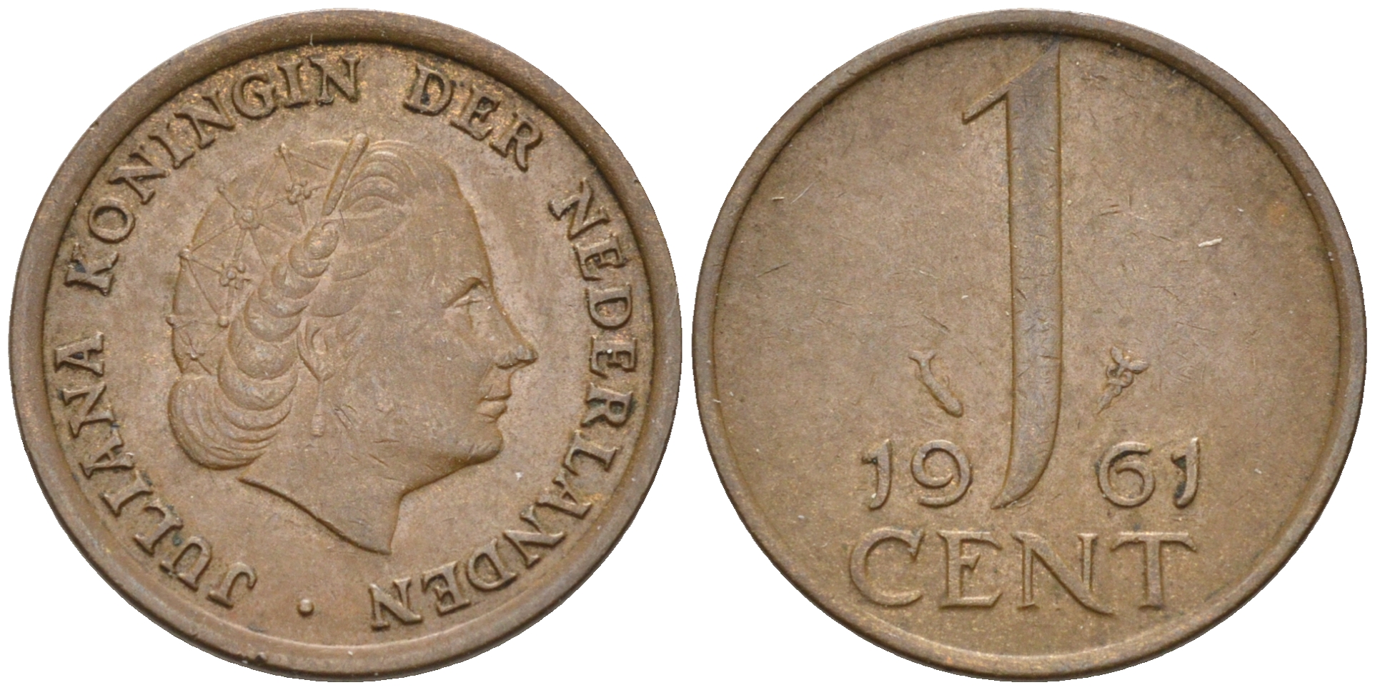 Нидерланды 1 цент 1961 Юлиана (1948-1980) КМ 180 бронза    4174-559