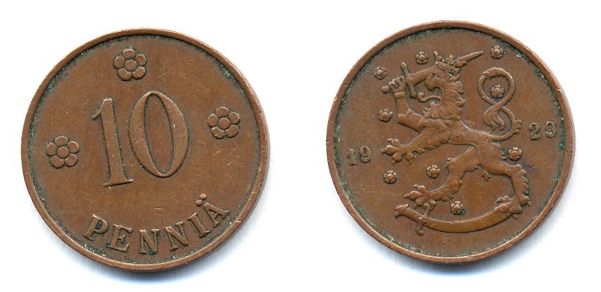 Финляндия 10 пенни 1929 республика (1918-1962) KM 24 медь 46-1644