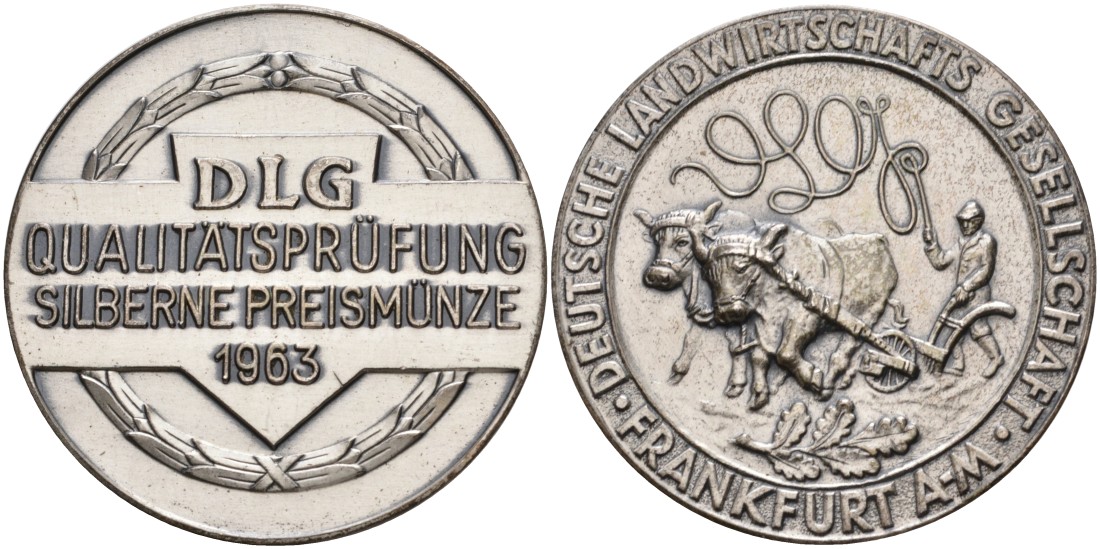 Германия, Франкфурт на Майне медаль 1963 СЕЛЬСКОХОЗЯЙСТВЕННОГО ОБЩЕСТВА Франкфурта, СЕРЕБРЯННАЯ медаль КОНТРОЛЯ КАЧЕСТВА, диаметр 40,5 мм., DLG белый металл 06-271-23
