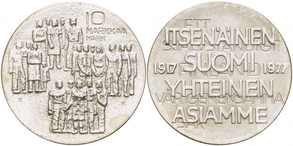 Финляндия 10 марок 1977 K-H, 60 лет независимости (1917-1977) KM 55 серебро UNC 1515-1441