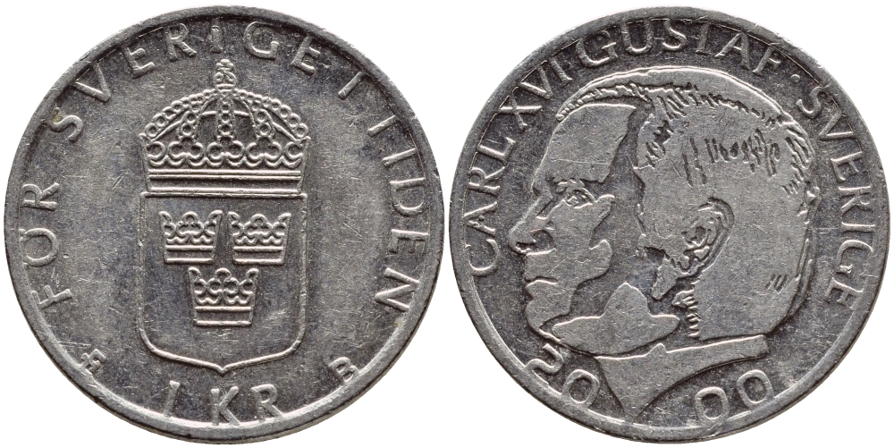 Швеция 1 крона 2000 Карл XVI Густав (1973- ) KM 852а медно-никель 4364-2257