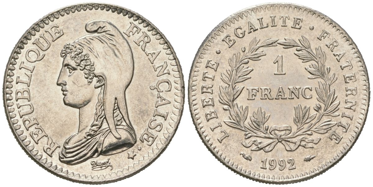 Франция 1 франк 1992 200 лет Французской республике KM 1004.1, Le Franc 229.2 никель UNC 4619-722