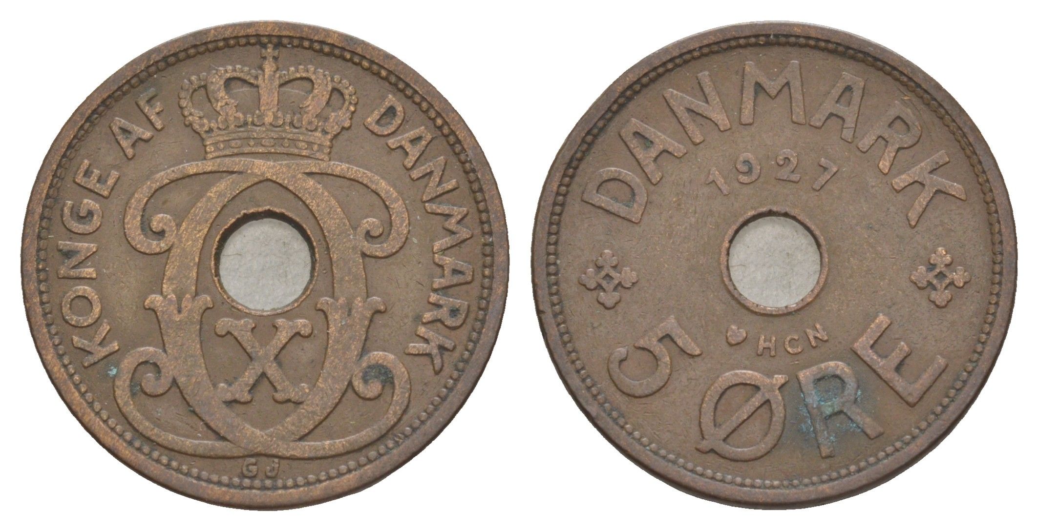 Дания 5 эре 1927 HCN, Кристиан X (1912-1947) KM 828 бронза 4638-556