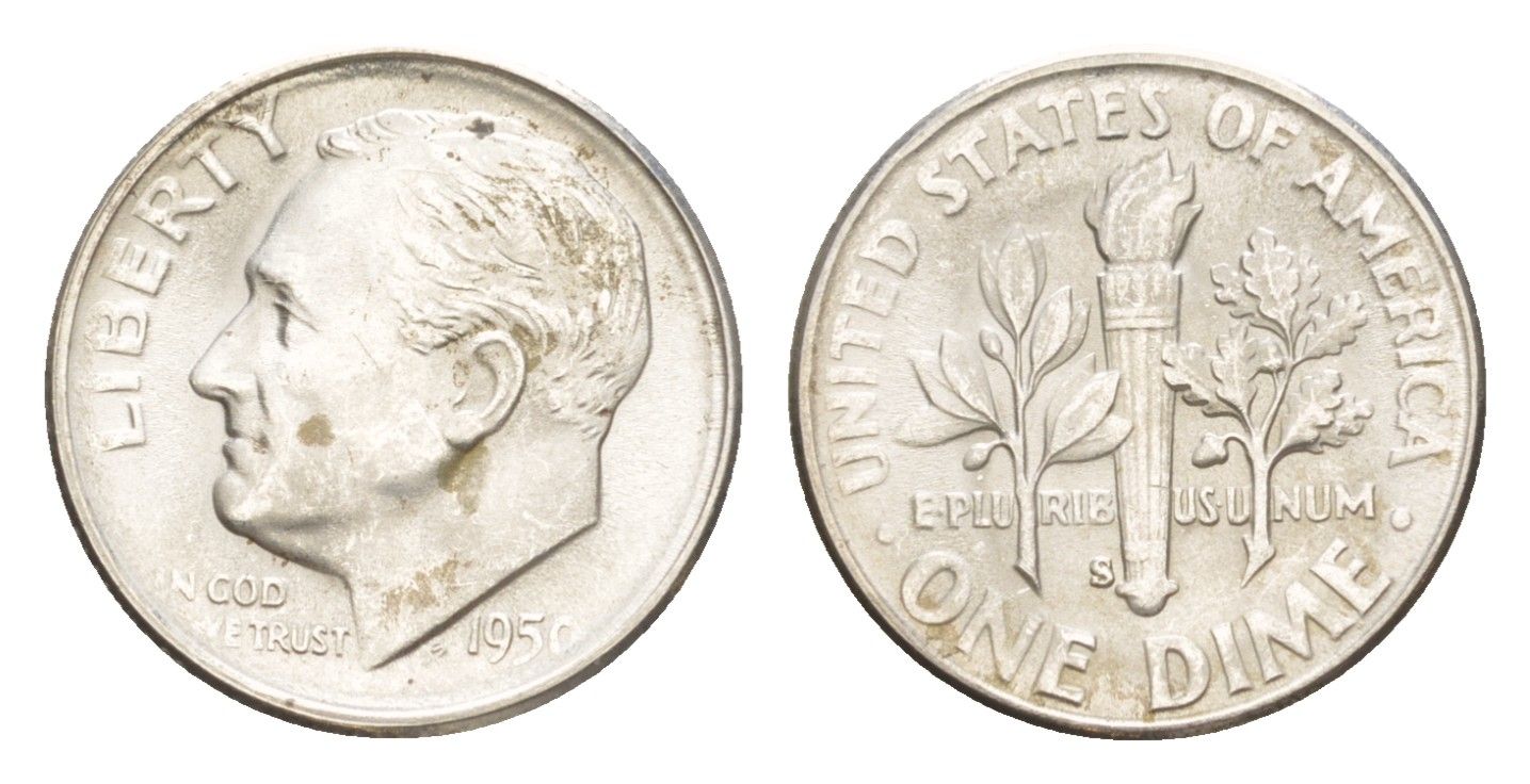 США 1 дайм (10 центов) 1950 S KM 195 серебро aUNC 1528-945